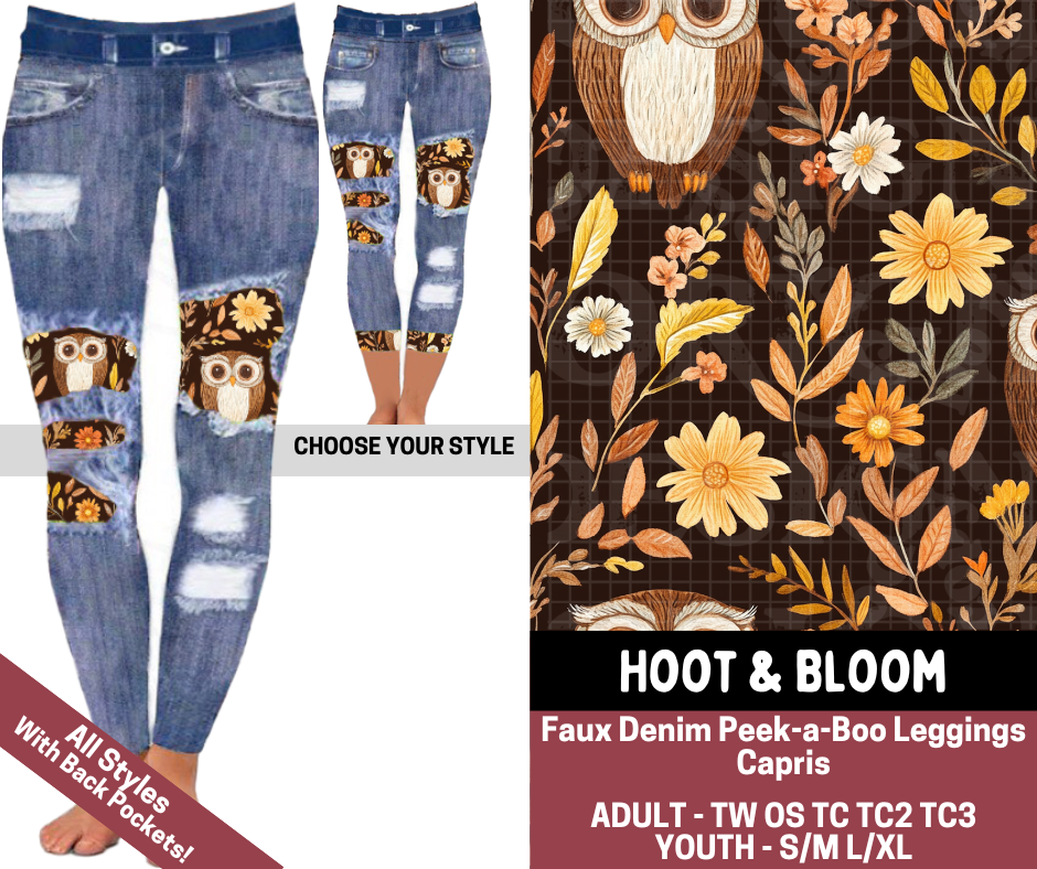 Preorder! Closes 7/23. ETA Oct. Hoot & Bloom Combo Faux Denim Peekaboo Legging Lengths
