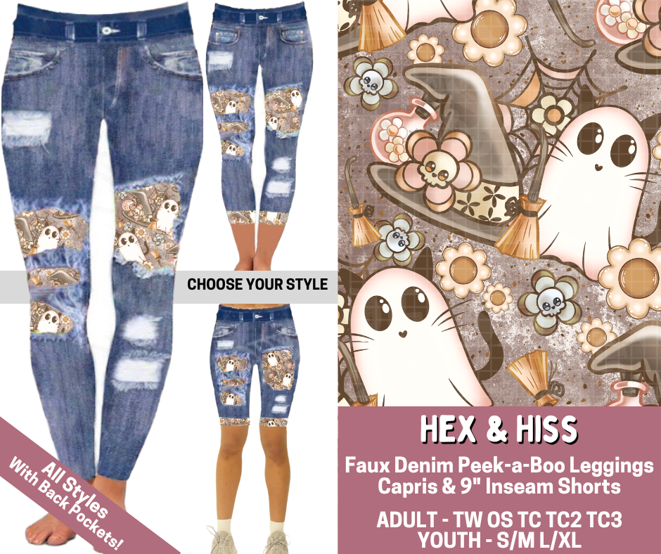 Preorder! Closes 6/4. ETA Sept. Hex & Hiss Combo Faux Denim Peekaboo Legging Lengths