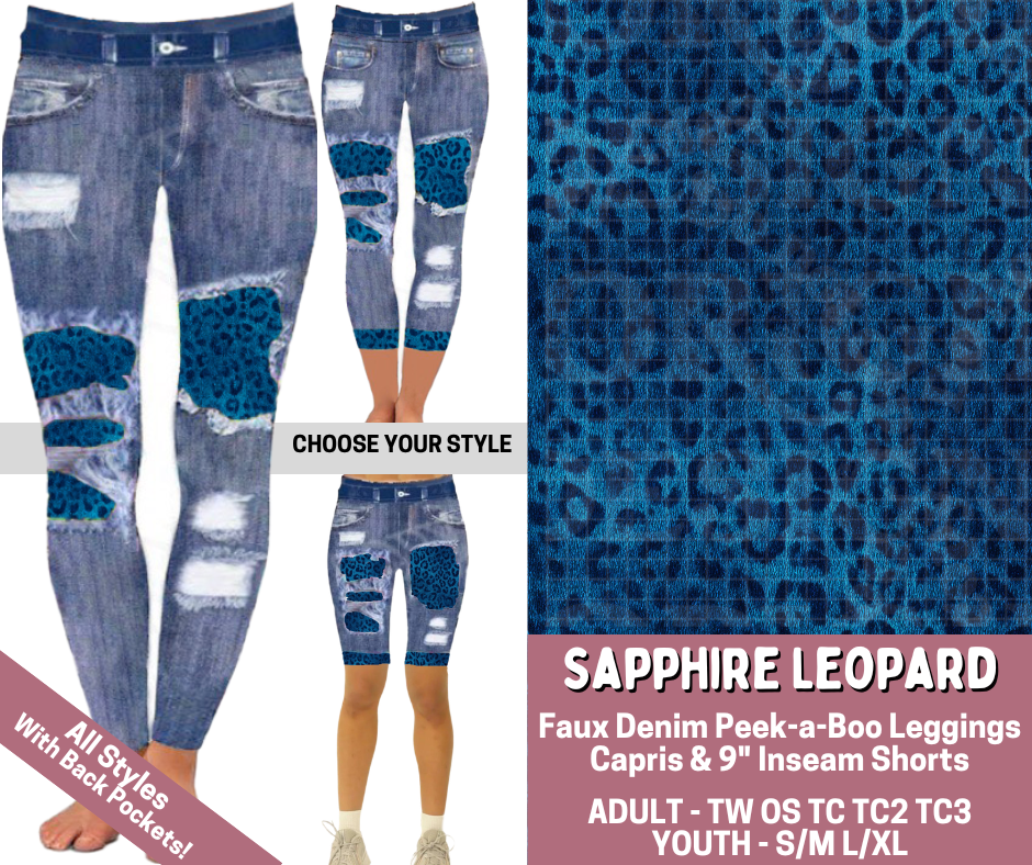 Preorder! Closes 6/4. ETA Sept. Sapphire Leopard Combo Faux Denim Peekaboo Legging Lengths