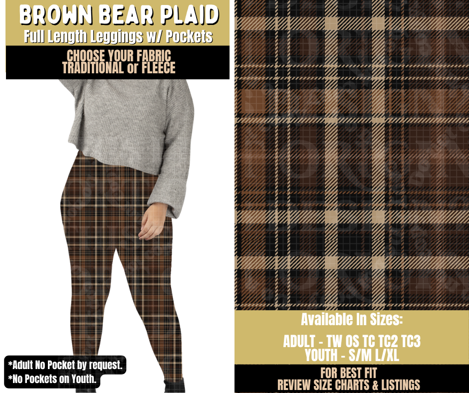 Preorder! Closes 9/9. ETA Dec. Brown Bear Plaid Leggings Choose Fleece or Traditional