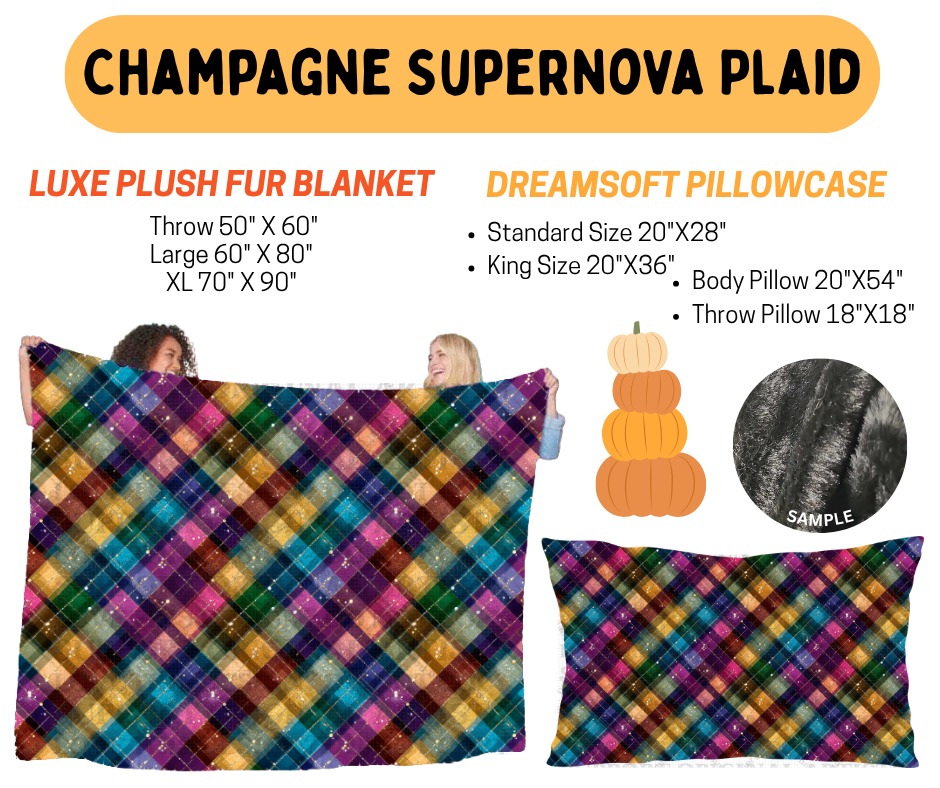 Preorder! Closes 7/8. ETA Oct. Champagne Supernova Plaid Luxe Plush Fur Blanket and/or DreamSoft Pillowcase