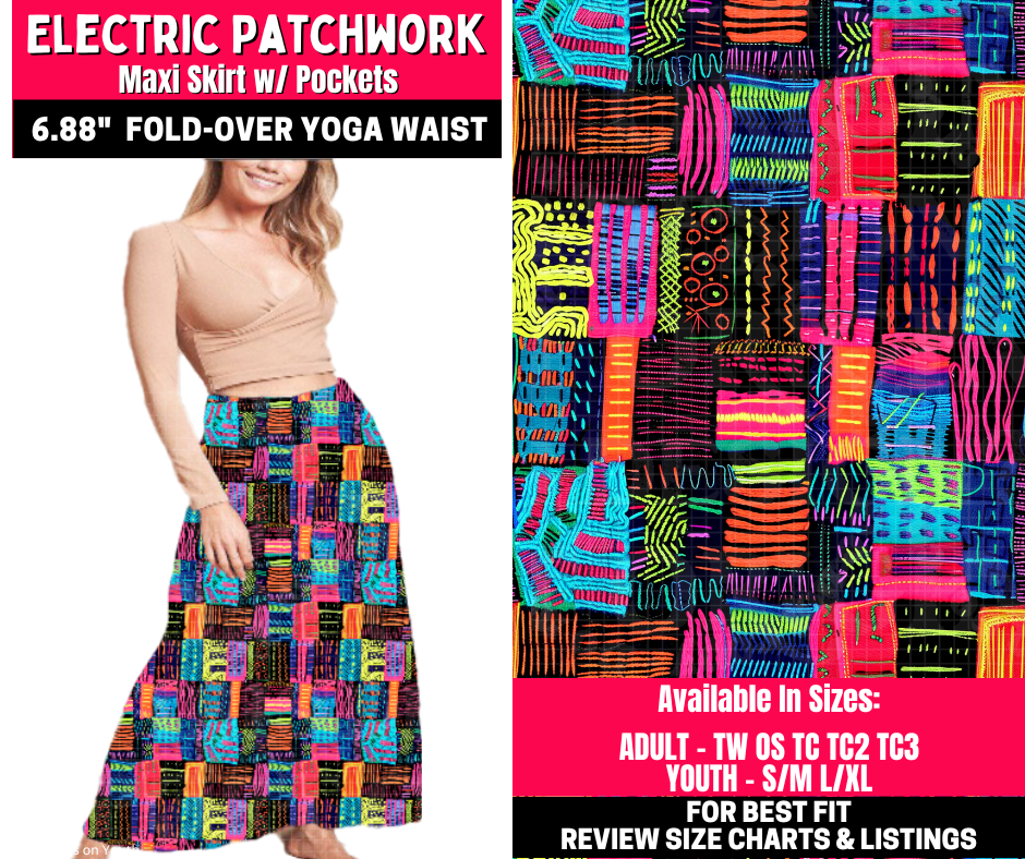 Preorder! Closes 10/23. ETA Jan. Electric Patchwork Maxi Skirt