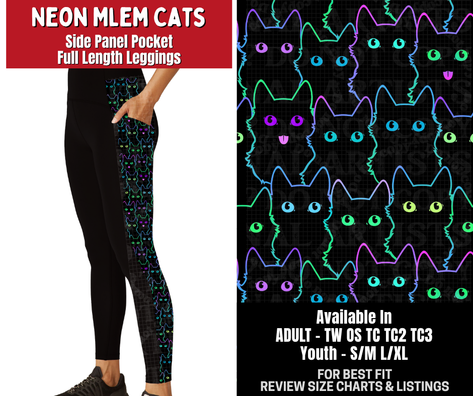Preorder! Closes 10/26. ETA Jan. Neon Mlem Cats Side Panel Pocket Full Length Leggings
