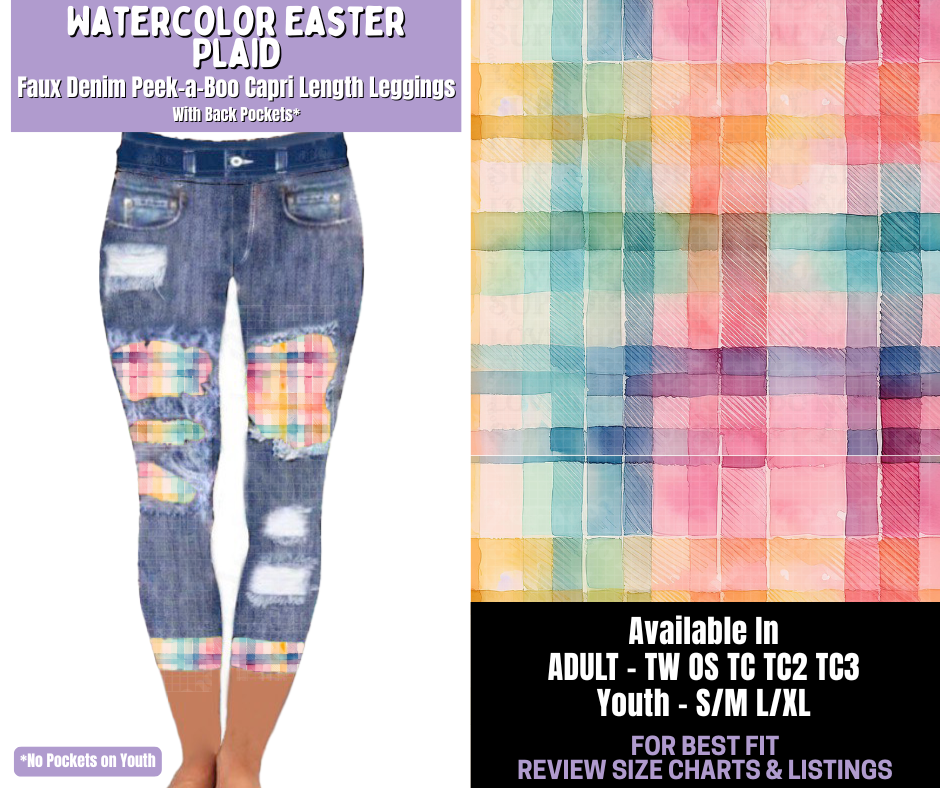 Preorder! Closes 1/22. ETA April. Watercolor Easter Plaid Capri Faux Denim Peekaboo