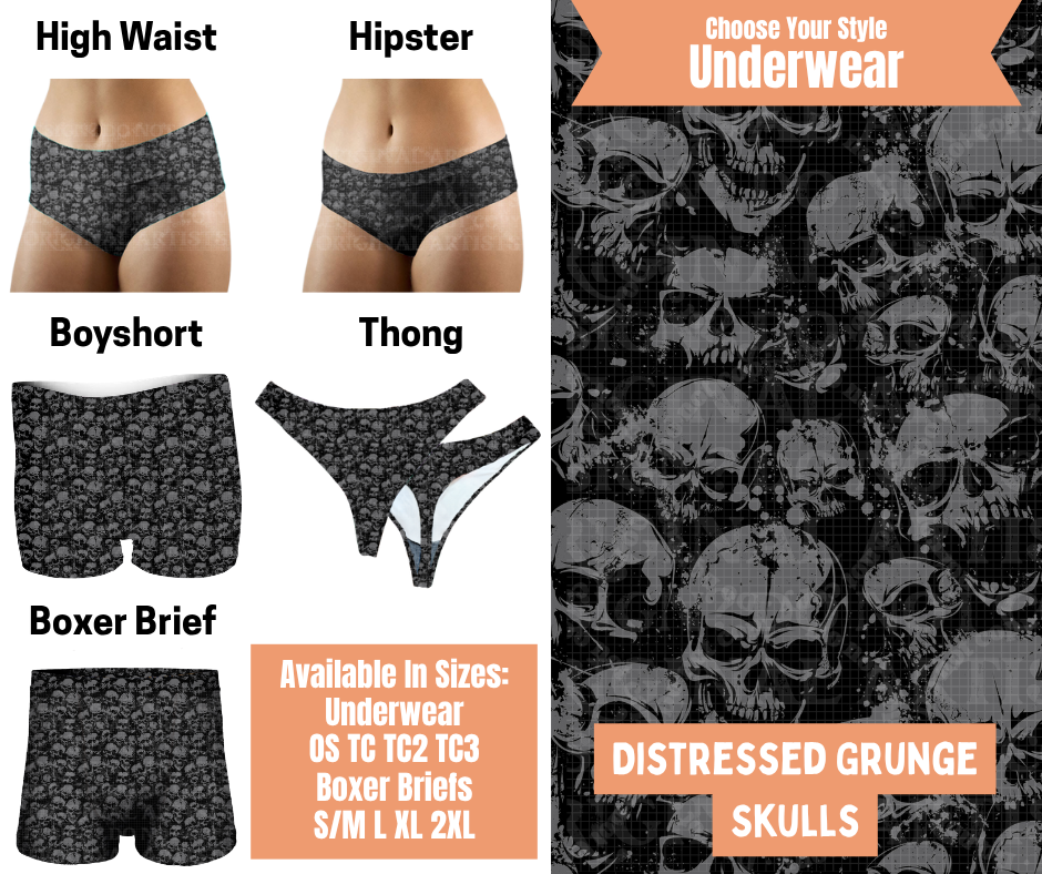 Preorder! Closes 11/5. ETA Feb. Distressed Grunge Skulls Hipster, High Waist, Boyshort, & Thong Underwear & Boxer Briefs