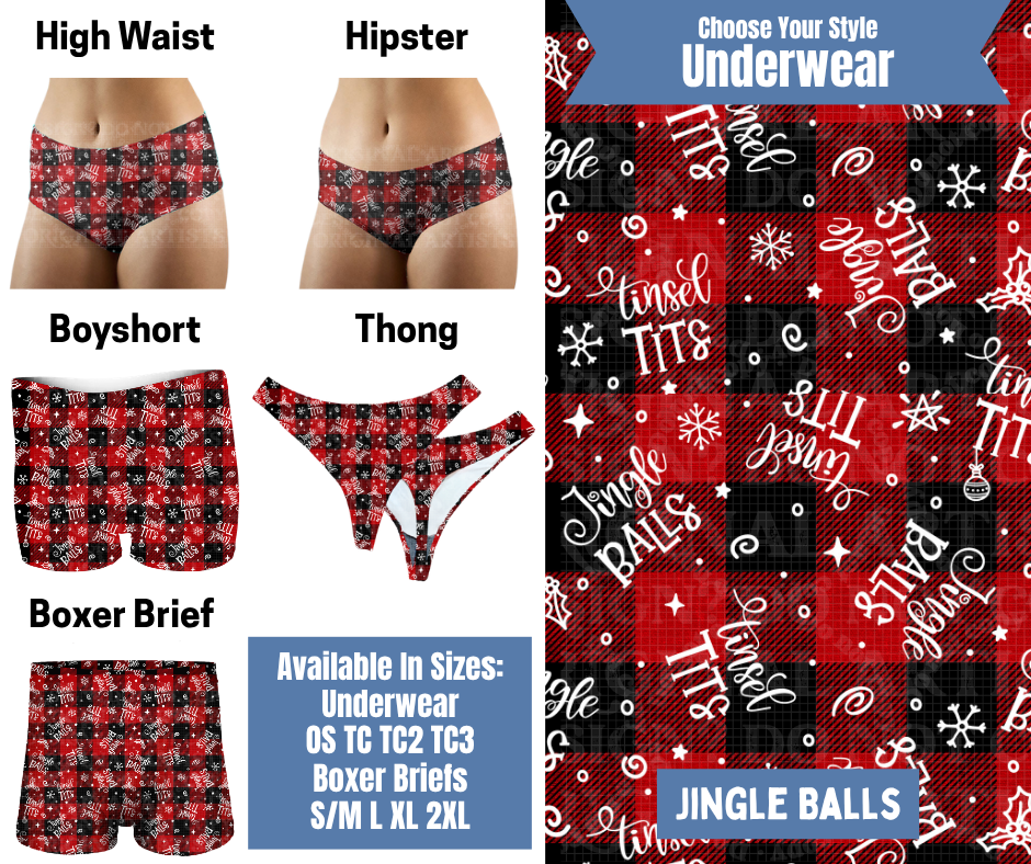 Preorder! Closes 8/26. ETA Nov. Jingle Balls Hipster, High Waist, Boyshort, & Thong Underwear & Boxer Briefs
