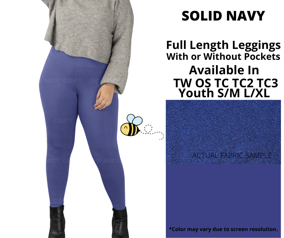 Preorder! Closes 1/28. ETA April. Solid Navy Full Length Leggings w/wo Pockets