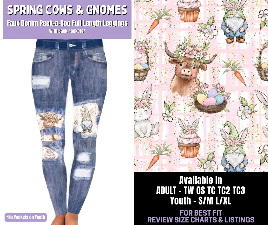Preorder! Closes 1/22. ETA April. Spring Cows & Gnomes Full Length Faux Denim Peekaboo