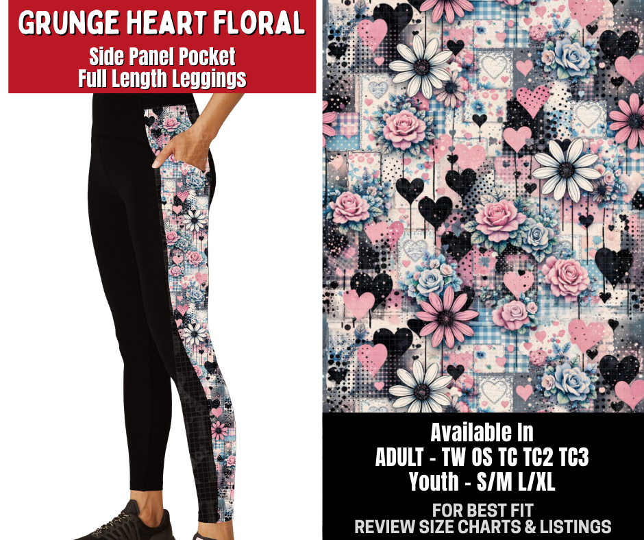 Preorder! Closes 10/26. ETA Jan. Grunge Heart Floral Side Panel Pocket Full Length Leggings