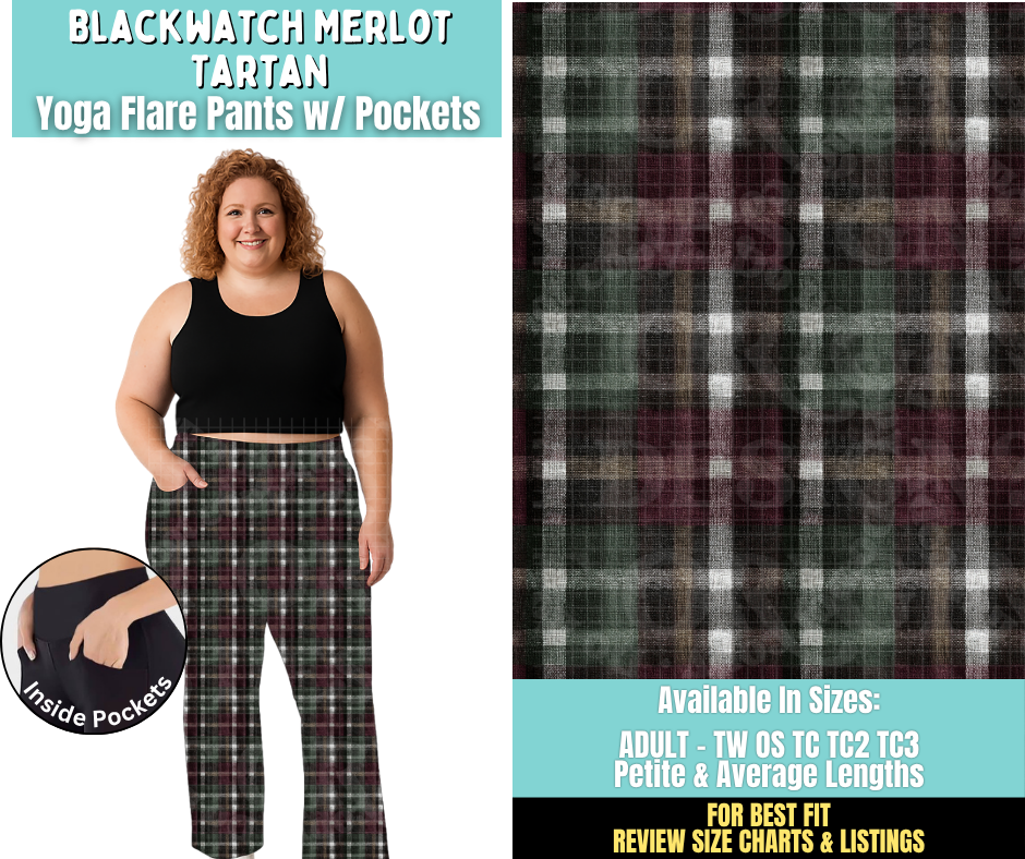 Preorder! Closes 6/25. ETA Sept. Blackwatch Merlot Tartan Yoga Flare Pants