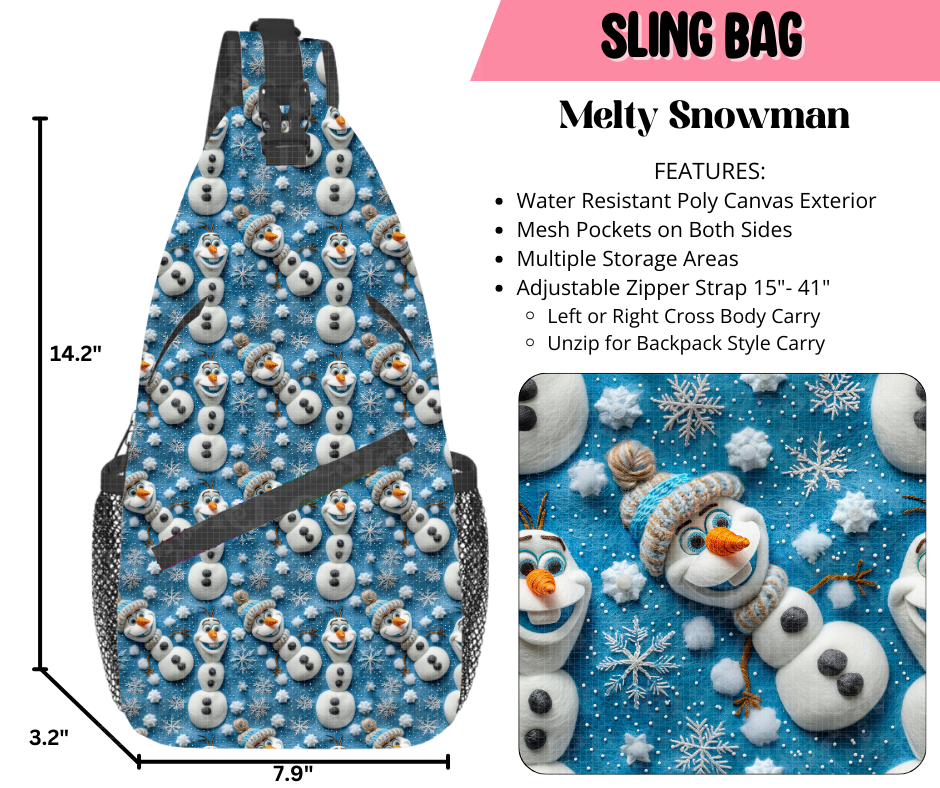Preorder! Closes 9/17. ETA Dec. Melty Snowman Sling Bag