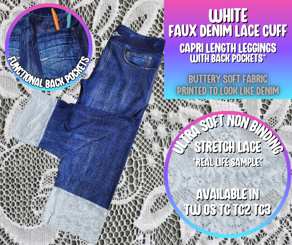 Preorder! Closes 5/30. ETA Aug. White Lace Cuff Denim Capris w/ Pockets