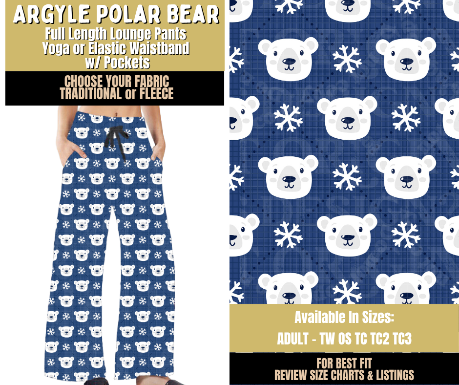 Preorder! Closes 9/9. ETA Dec. Argyle Polar Bear Lounge Pants Choose Fleece or Traditional