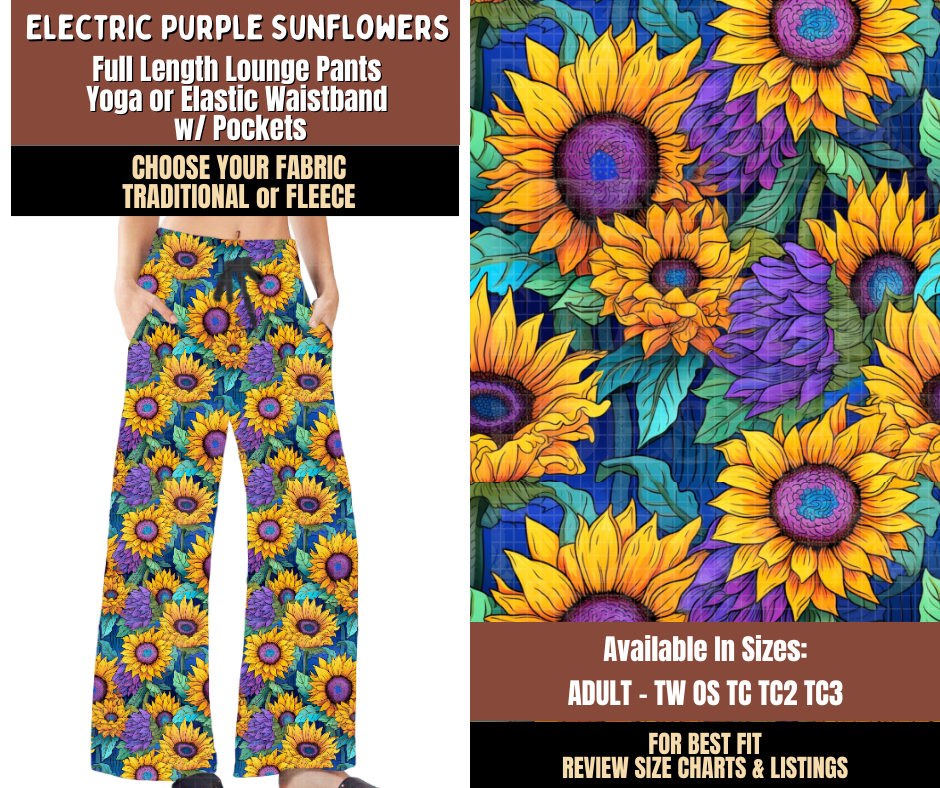 Preorder! Closes 7/27. ETA Oct. Electric Purple Sunflowers Lounge Pants Choose Fleece or Traditional