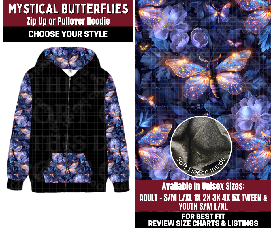 Preorder! Closes 10/22. ETA Jan. Mystical Butterflies Zip-Up or Pullover Hoodie