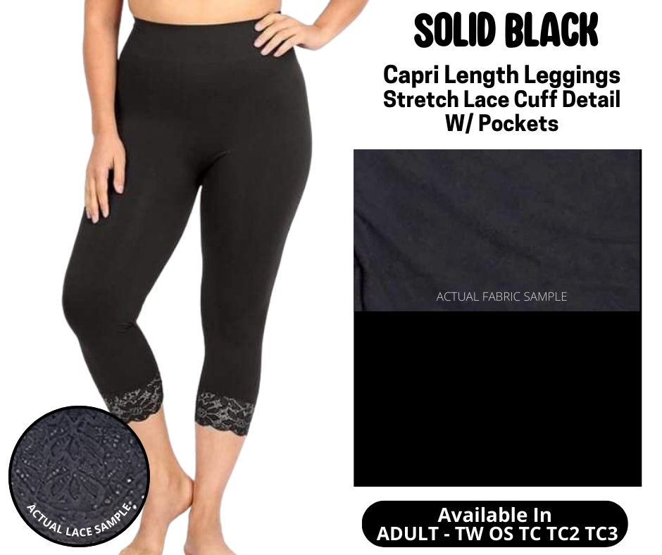 Solid Black Lace Cuff Capris w/ Pockets