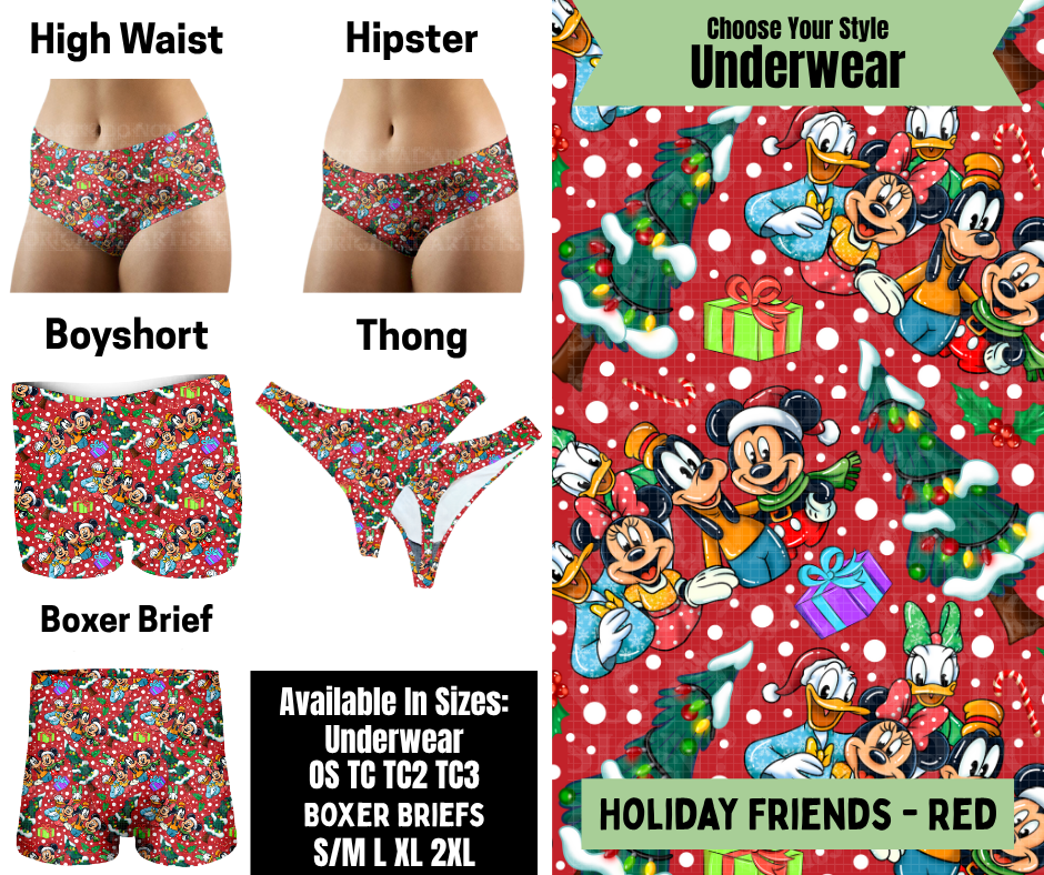 Preorder! Closes 8/25. ETA Nov. Holiday Friends - Red Hipster, High Waist, Boyshort, & Thong Underwear & Boxer Briefs