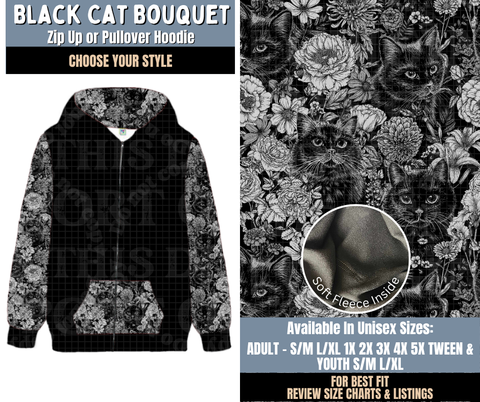 Preorder! Closes 9/24. ETA Dec. Black Cat Bouquet Zip-Up or Pullover Hoodie