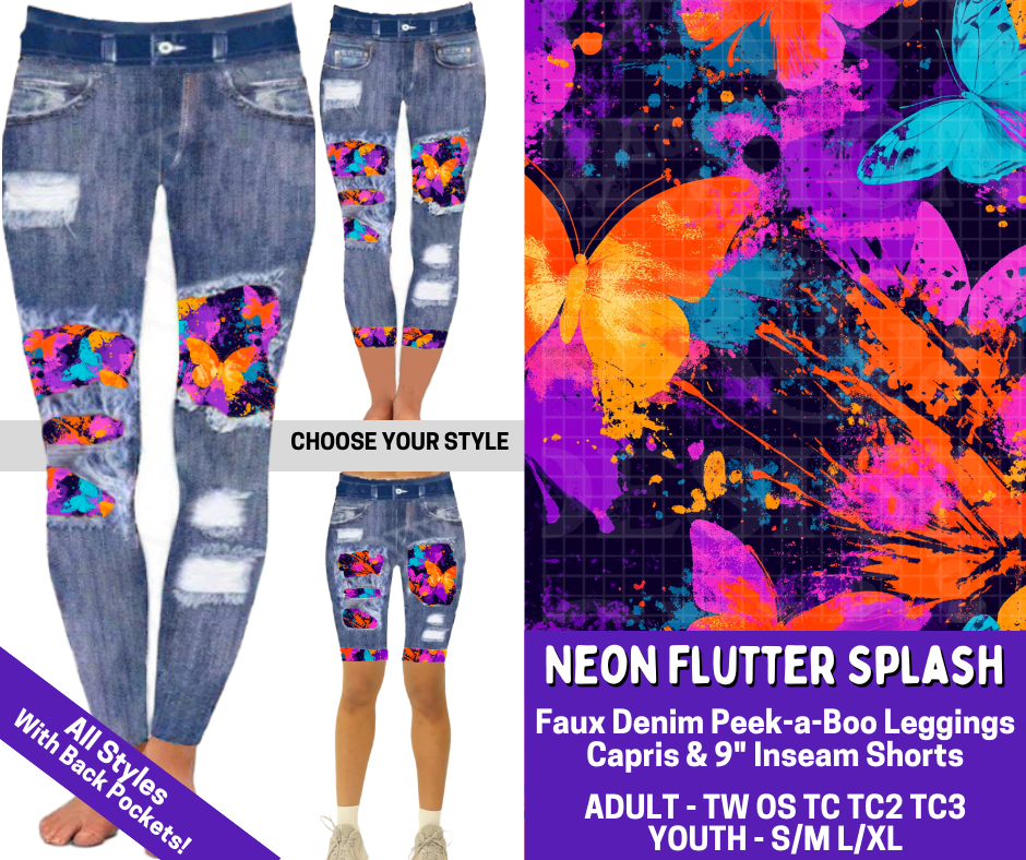 Preorder! Closes 4/9. ETA June. Neon Flutter Splash Combo Faux Denim Peekaboo Legging Lengths