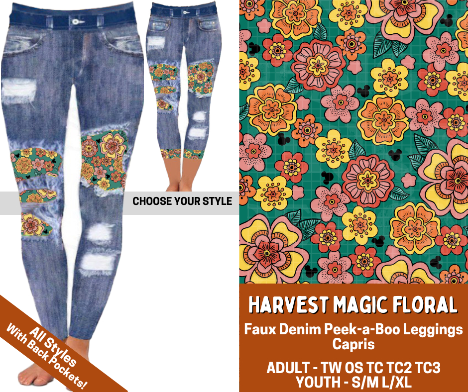 Preorder! Closes 7/13. ETA Oct. Harvest Magic Floral Combo Faux Denim Peekaboo Legging Lengths