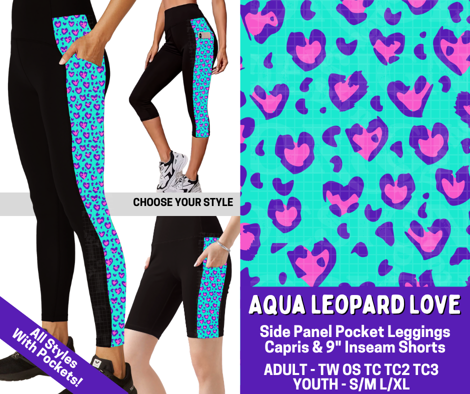 Preorder! Closes 4/9. ETA June. Aqua Leopard Combo Side Panel Legging Lengths