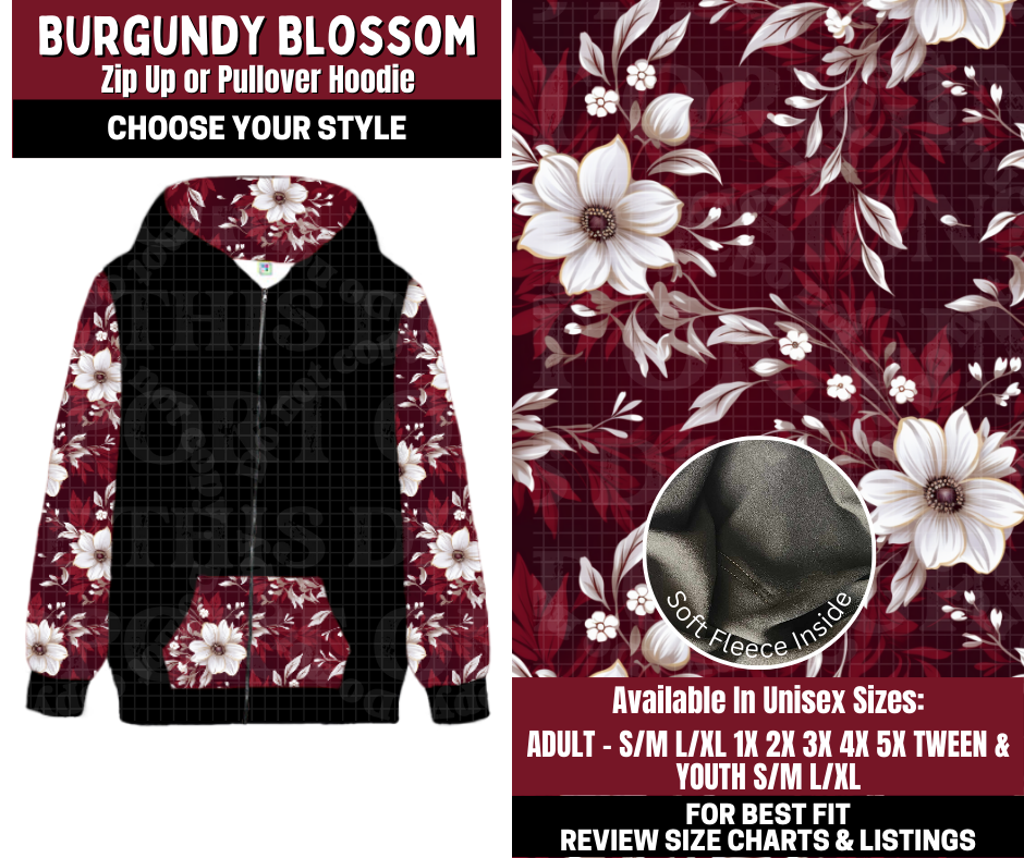 Preorder! Closes 10/22. ETA Jan. Burgundy Blossom Zip-Up or Pullover Hoodie
