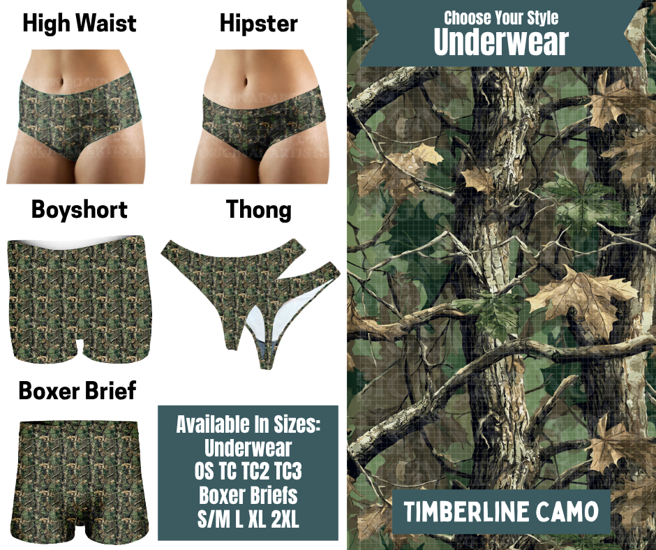 Preorder! Closes 9/30. ETA Dec. Timberline Camo Hipster, High Waist, Boyshort, & Thong Underwear & Boxer Briefs