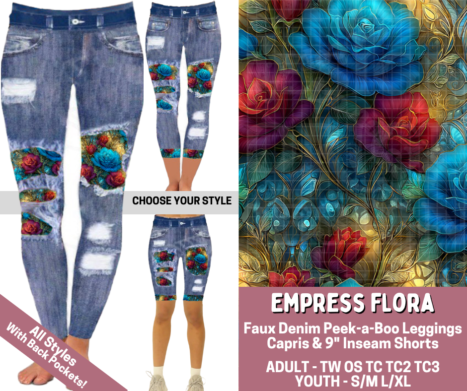 Preorder! Closes 6/4. ETA Sept. Empress Flora Combo Faux Denim Peekaboo Legging Lengths