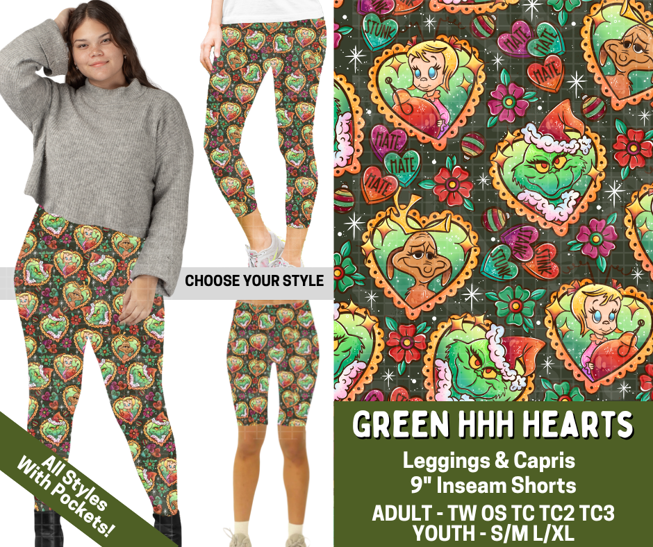 Preorder! Closes 7/15. ETA Nov. Green HHH Hearts Combo Legging Lengths