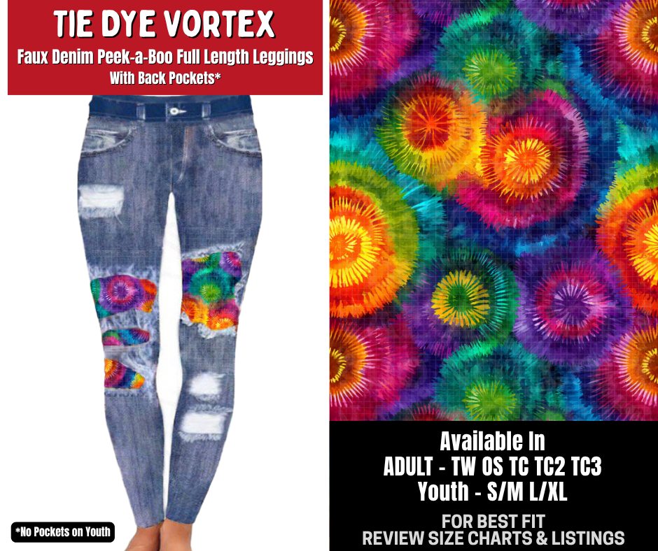 Preorder! Closes 10/26. ETA Jan. Tie Dye Vortex Full Length Faux Denim Peekaboo
