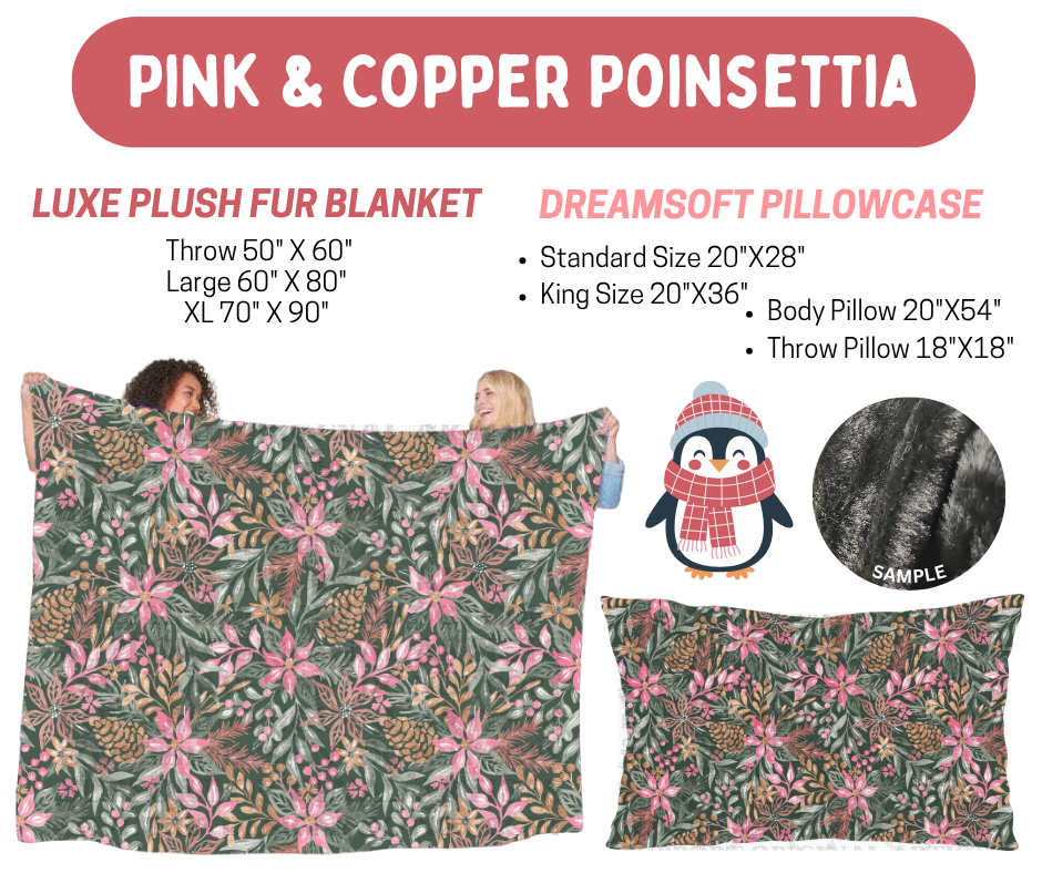 Preorder! Closes 8/17. ETA Nov. Pink & Copper Poinsettia Luxe Plush Fur Blanket and/or DreamSoft Pillowcase