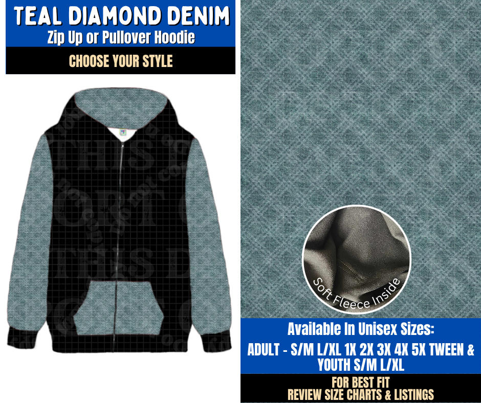 Preorder! Closes 9/16. ETA Dec. Teal Diamond Denim Zip-Up or Pullover Hoodie