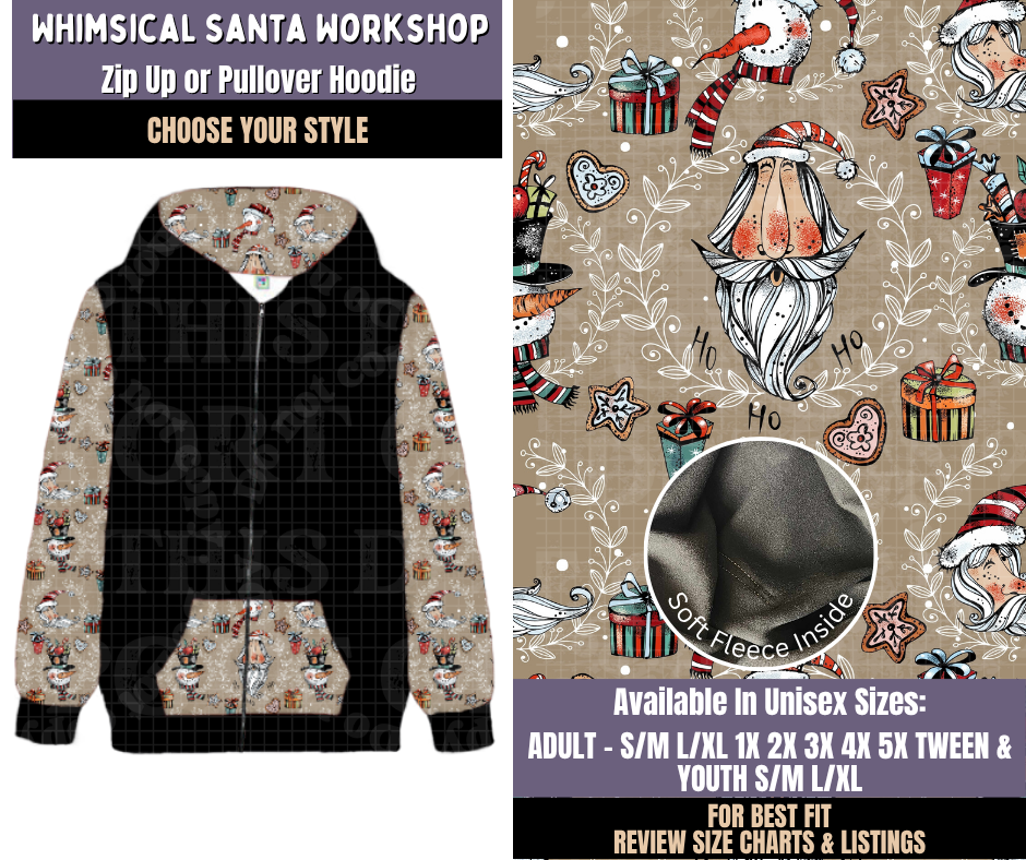 Preorder! Closes 9/3. ETA Dec. Whimsical Santa Workshop Zip-Up or Pullover Hoodie