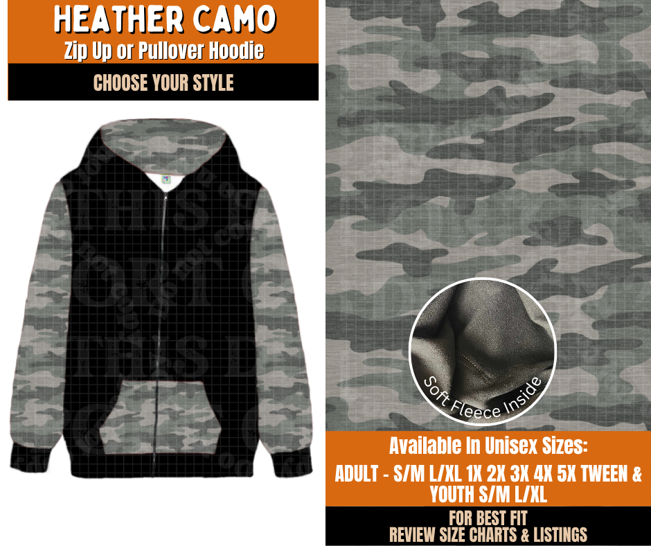 Preorder! Closes 11/2. ETA Feb. Heather Camo Zip-Up or Pullover Hoodie
