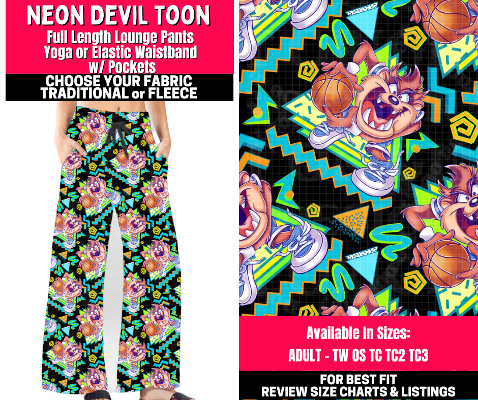 Preorder! Closes 10/23. ETA Jan. Neon Devil Toons Lounge Pants Choose Fleece or Traditional