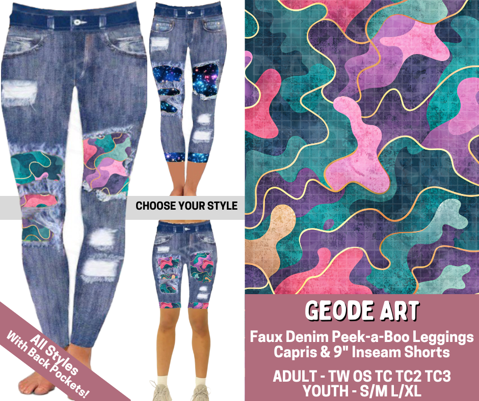 Preorder! Closes 6/4. ETA Sept. Geode Art Combo Faux Denim Peekaboo Legging Lengths