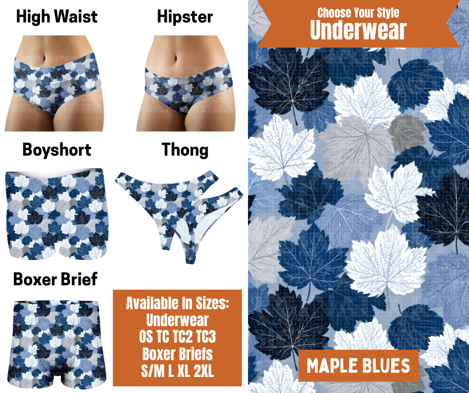 Preorder! Closes 7/30. ETA Oct. Maple Blues Knit Hipster, High Waist, Boyshort, & Thong Underwear & Boxer Briefs