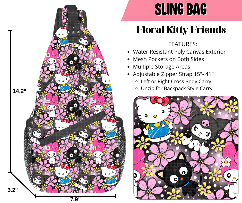 Preorder! Closes 9/17. ETA Dec. Floral Kitty Friends Sling Bag