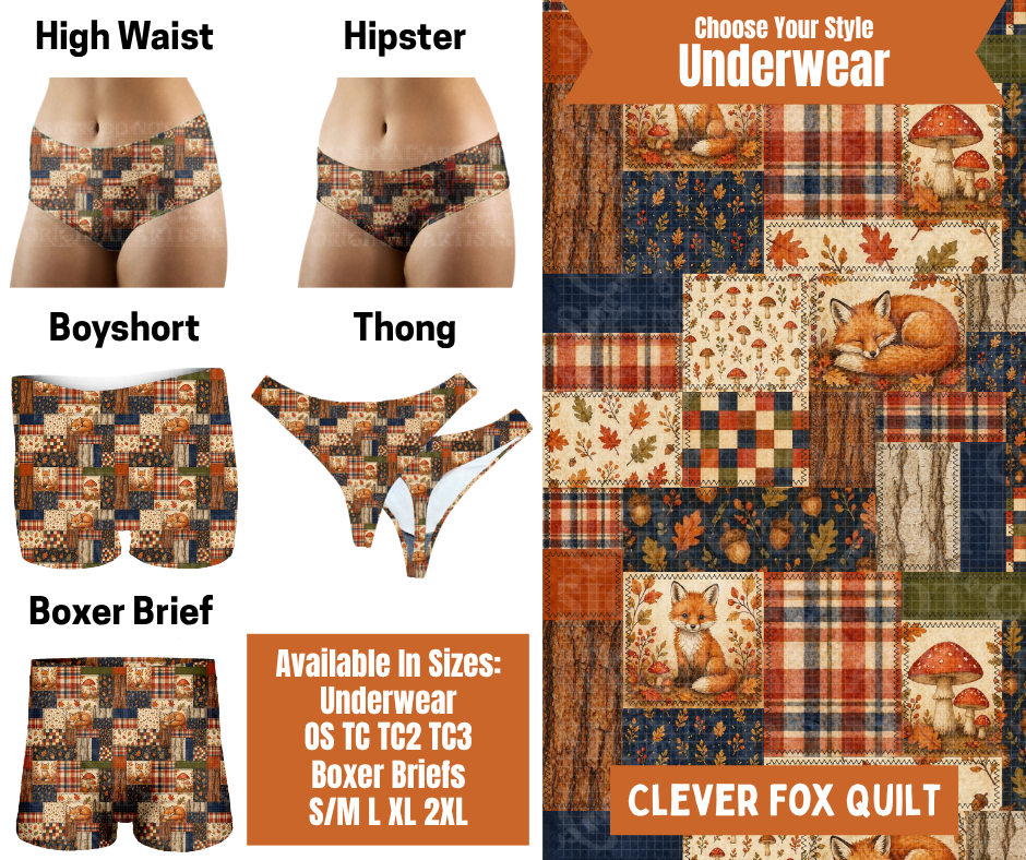 Preorder! Closes 7/30. ETA Oct. Clever Fox Quilt Hipster, High Waist, Boyshort, & Thong Underwear & Boxer Briefs