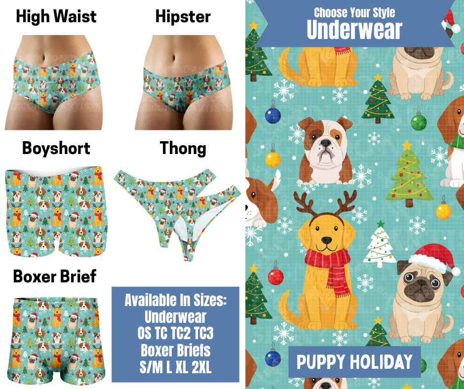 Preorder! Closes 8/26. ETA Nov. Puppy Holiday Hipster, High Waist, Boyshort, & Thong Underwear & Boxer Briefs