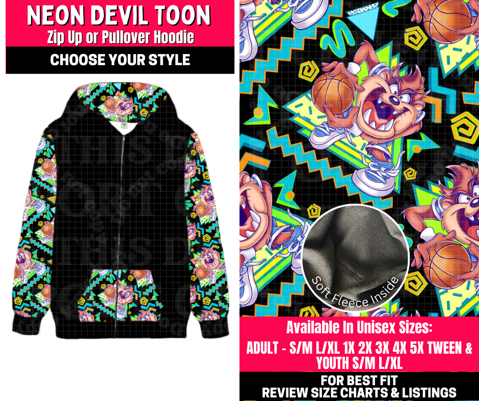 Preorder! Closes 10/23. ETA Jan. Neon Devil Toons Zip-Up or Pullover Hoodie