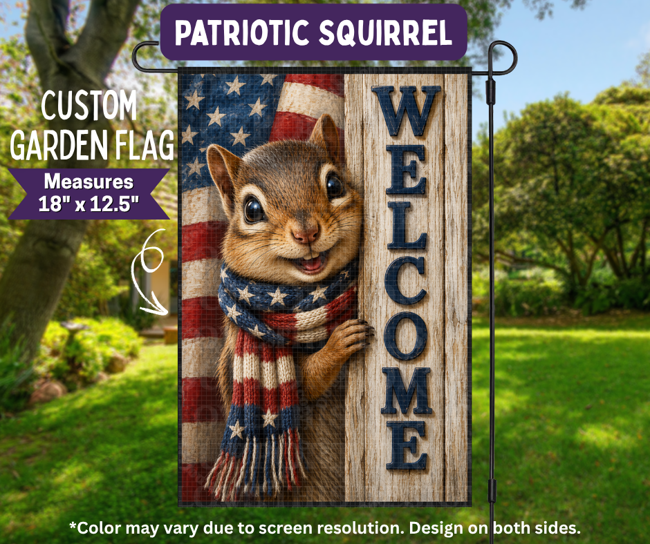 Preorder! Closes 11/9. ETA Feb. Patriotic Squirrel Garden Flag