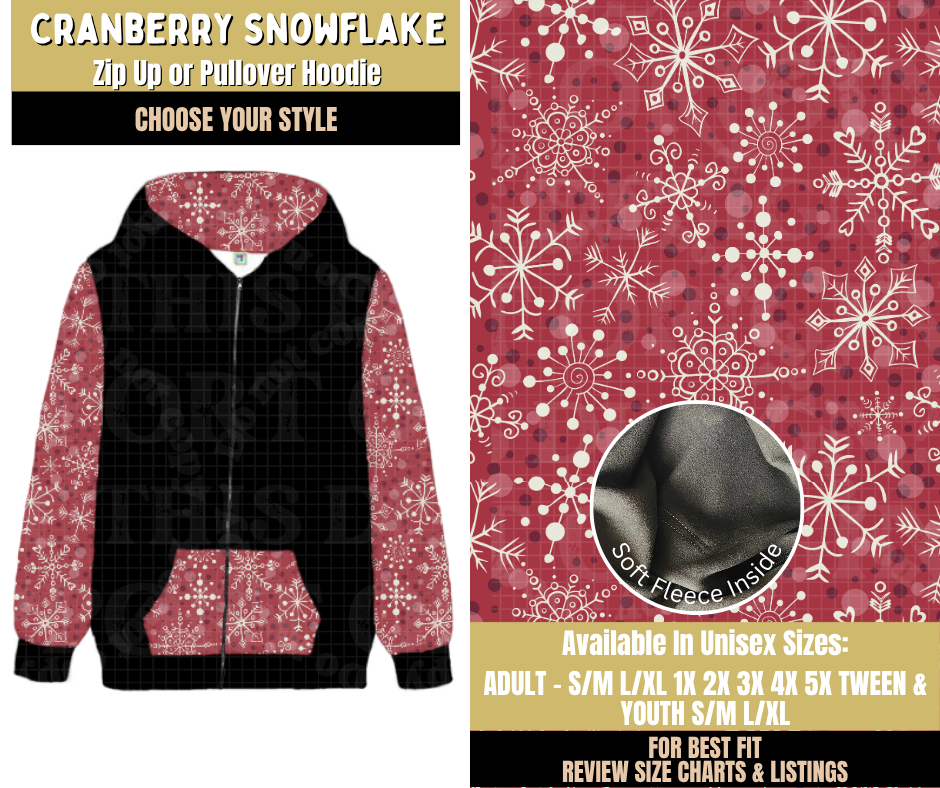 Preorder! Closes 9/9. ETA Dec. Cranberry Snowflake Zip-Up or Pullover Hoodie