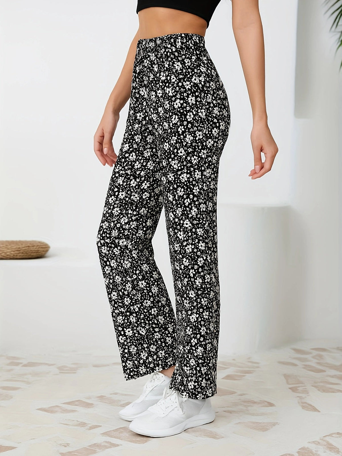 Floral Straight-Leg Pants – High-Waisted Flowy Wide-Leg Pants