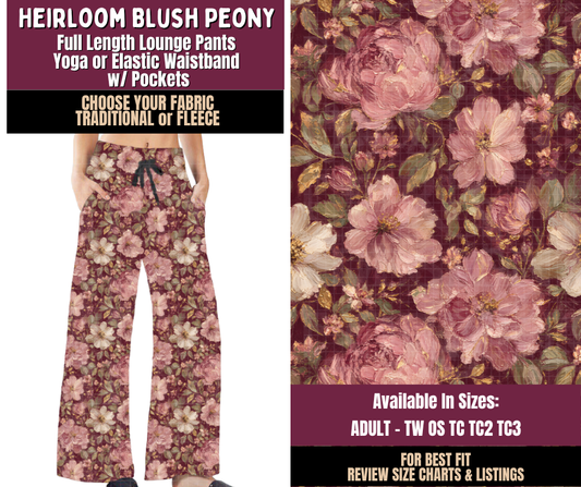 Preorder! Closes 11/11. ETA Feb. Heirloom Blush Peony Lounge Pants Choose Fleece or Traditional