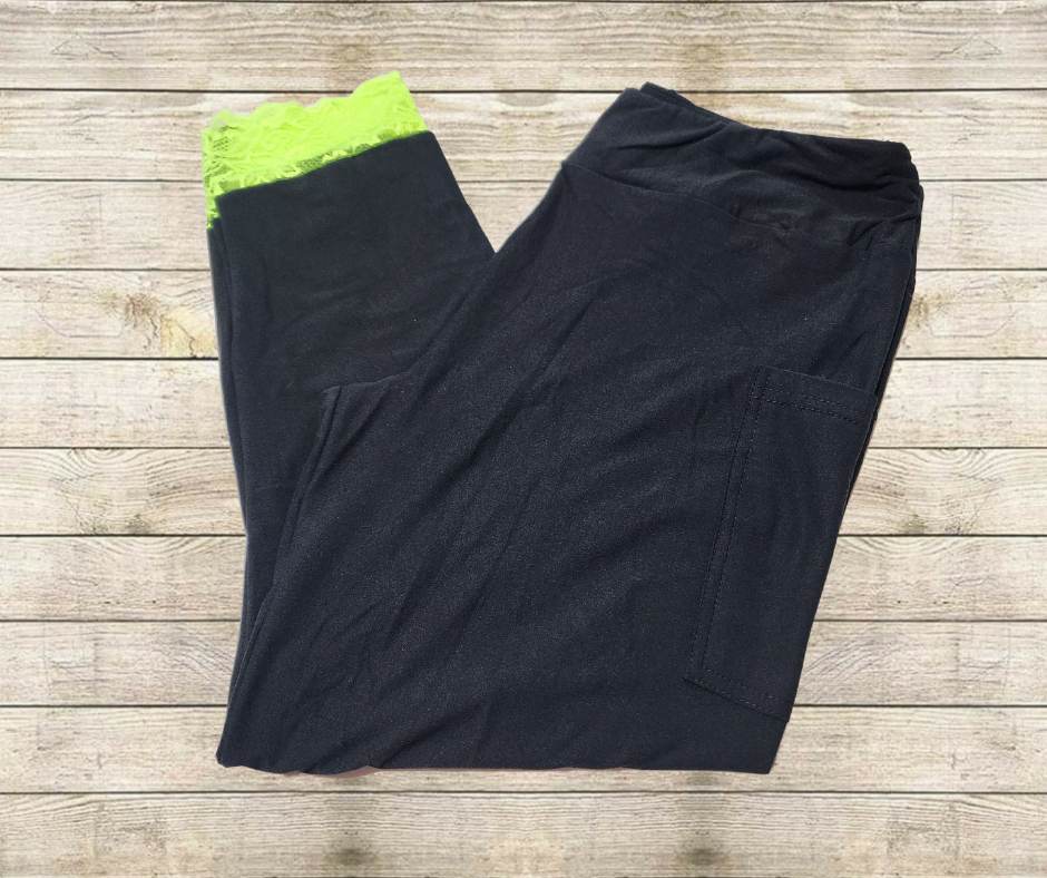 Neon Green Lace Bottom Black Capri Leggings w/ Pockets