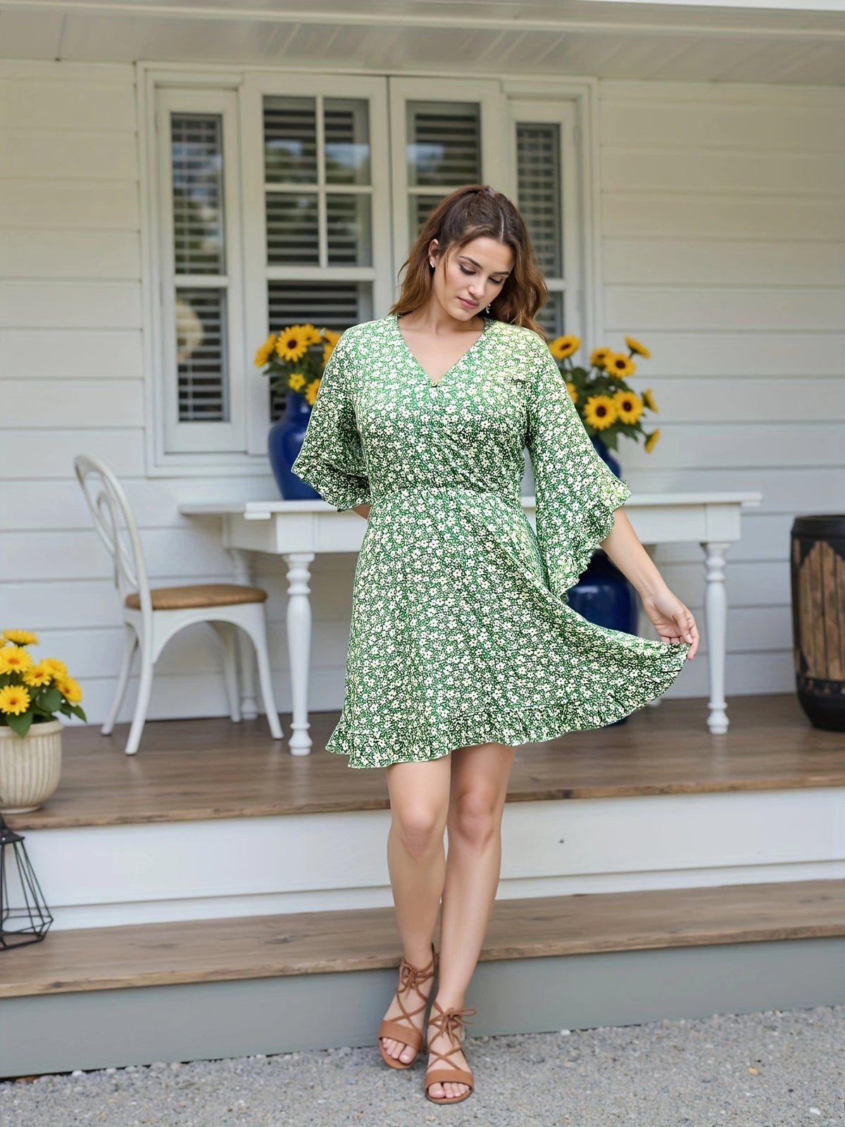 Floral Midi Dress – V-Neck Flowy Flutter Sleeve Dress