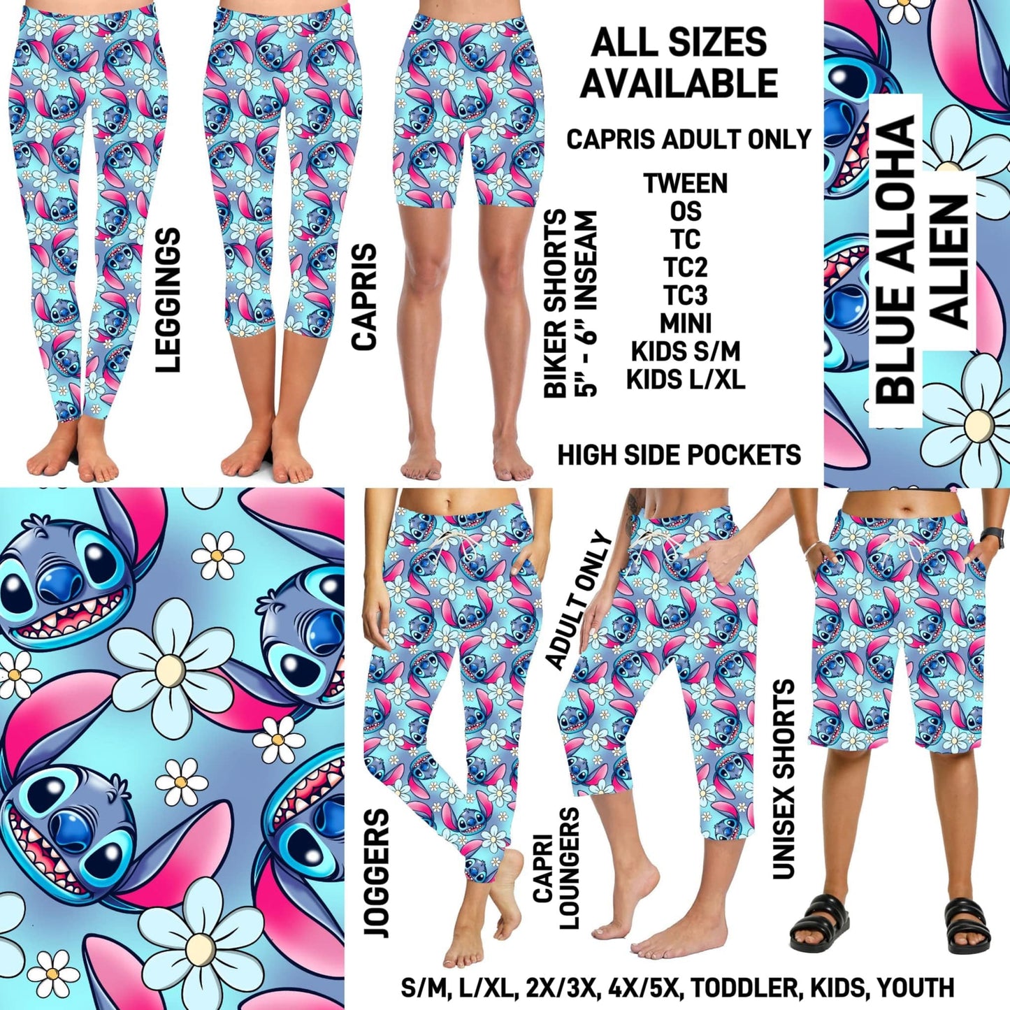 RTS - Blue Aloha Alien Full Joggers/Capri Loungers/Unisex Shorts