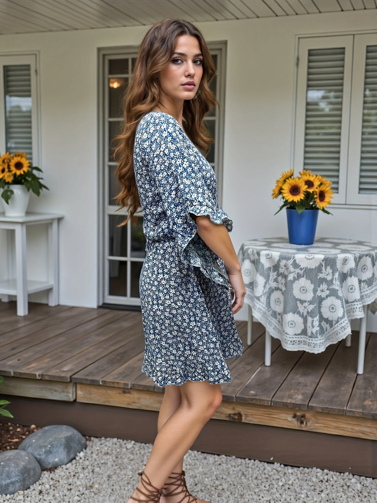 Floral Midi Dress – V-Neck Flowy Flutter Sleeve Dress