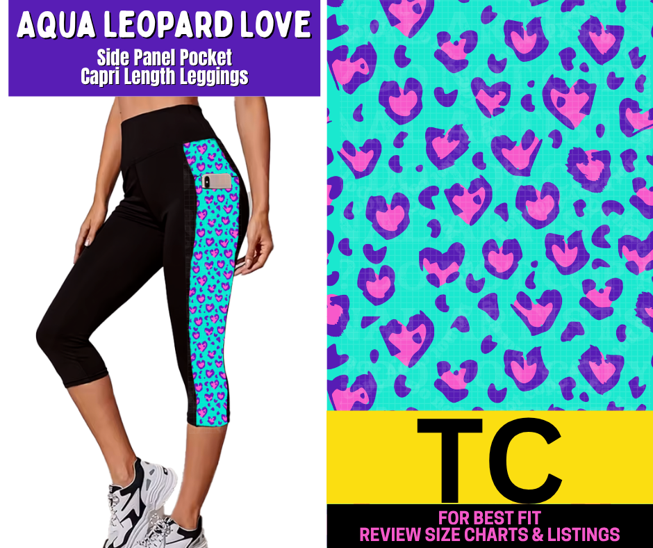 Aqua Leopard Side Panel Pocket Capri Length Leggings